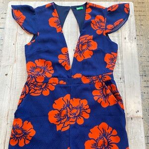 United Colors of Benetton Blue Floral Cropped Jumpsuit Large Deep V Neck
